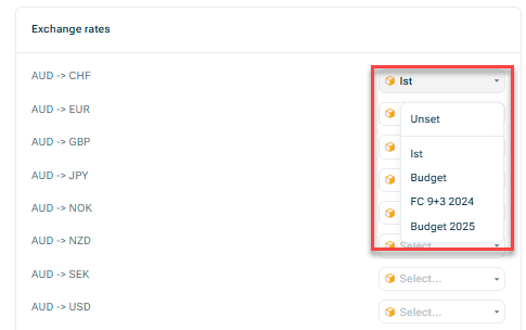 Shows the 'Excahnge rates' section that is visible when CFP rates has been chosen. Highlighted in red is the dropdown for selecting the CFP data level