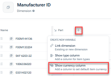 Shows the menu that opens when you click on the + sign in the column header of the dimension details. Highlighted in red is the option 'Show currency columns'