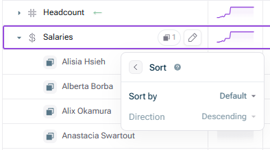 Shows the options to sort by dimension item value on a variable in the spreadsheet that appears when you click on 'More options'