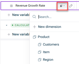 Shows the function to add a dimension breakdown to a variable using the 'Dimensions' button