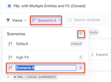 Shows the + button in the Scenarios menu that is used to create a new scenario