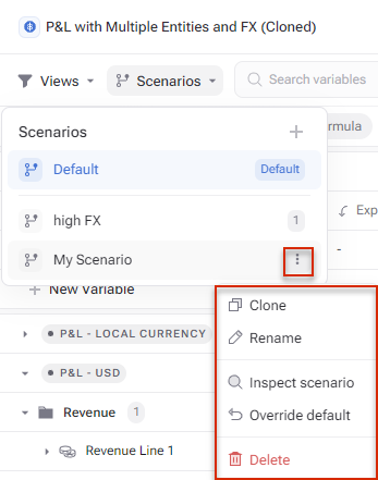 Shows additional functions that can be opened using the three-dot menu behind 'My scenario'