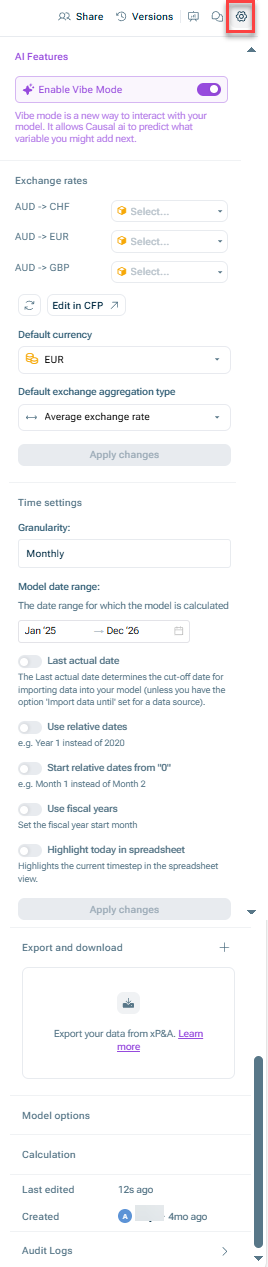 Shows the options that can be edited in the 'Model settings' section if you click on the gear icon in the top right corner.