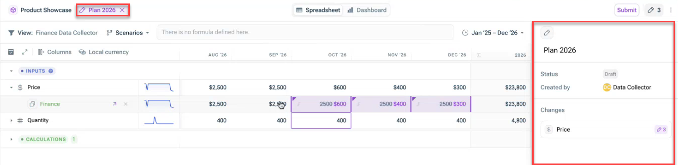 Shows the spreadsheet of a model. Highlighted in red are the Name of the proposal on top that can be used to open/close the proposal and the proposal details on the right-hand side.