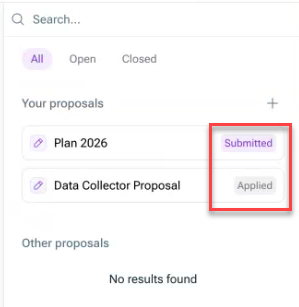 Shows the proposal mode on the right-hand side of a spreadsheet or dashboard. Highlighted is the status a proposal