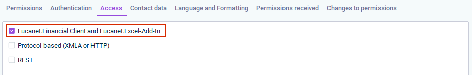 The 'Access' tab with the check box for Lucanet.Financial Client and Lucanet.Excel Add-In selected