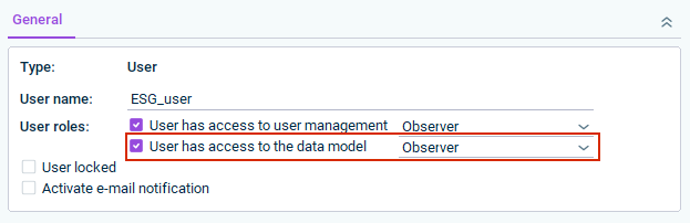 The 'General' section in Lucanet.Financial Client with the 'User has access to the data model' check box selected and the 'Observer' role chosen