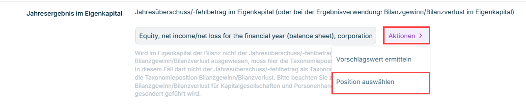 Zeigt den Befehl Aktionen -> 'Position auswählen' in einem Feld im Bereich Taxonomiepositionen
