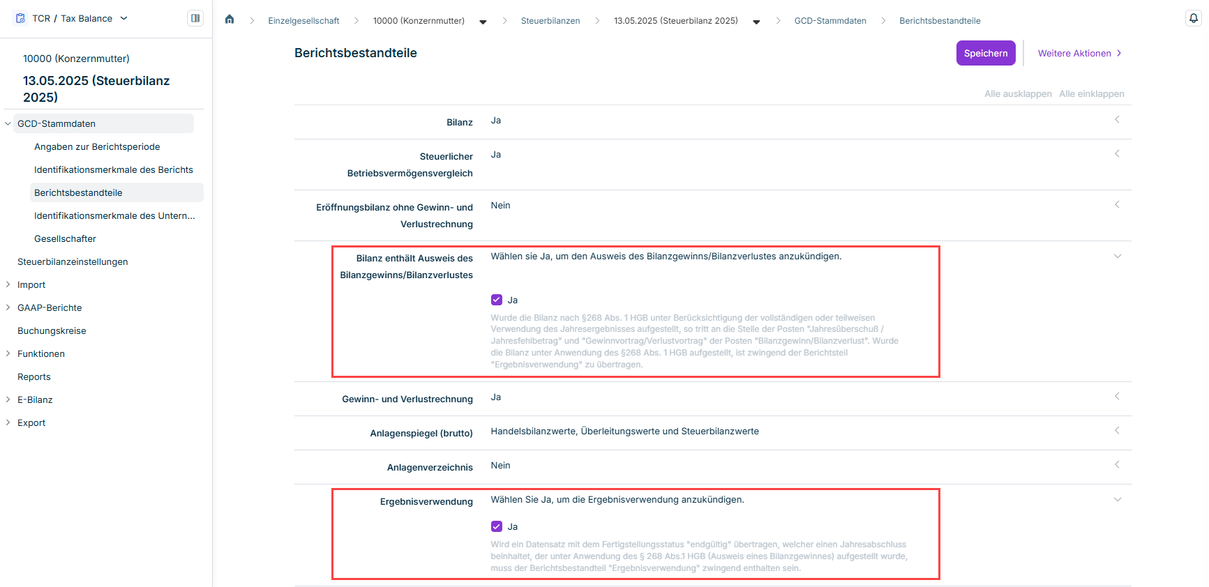Arbeitsbereich 'Einzelgesellschaft / GCD-Stammdaten / Berichtsbestandteile' mit den auf Ja gesetzten Einträgen 'Bilanz enthält Ausweis des Bilanzgewinns/Bilanzverlustes' und 'Ergebnisverwendung'