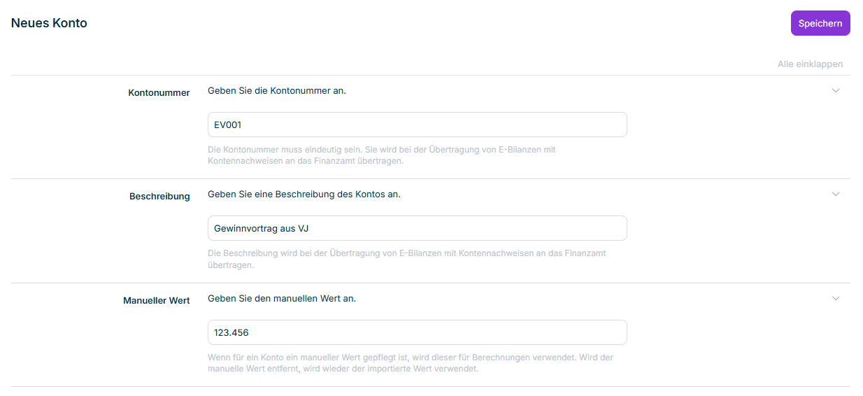 Dialog 'Neues Konto' mit einem manuell angelegten Konto für die Ergebnisverwendung