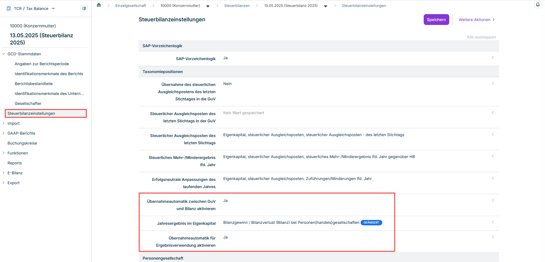 Ausschnitt des Arbeitsbereichs 'Steuerbilanzeinstellungen / Taxonomiepositionen' mit den gelb markierten Optionen zur Ergebnisverwendung