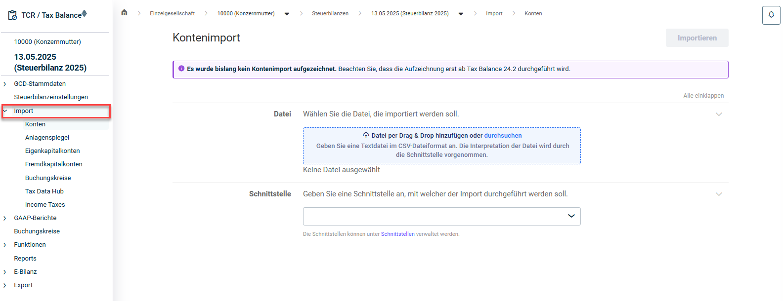Arbeitsbereich 'Import'