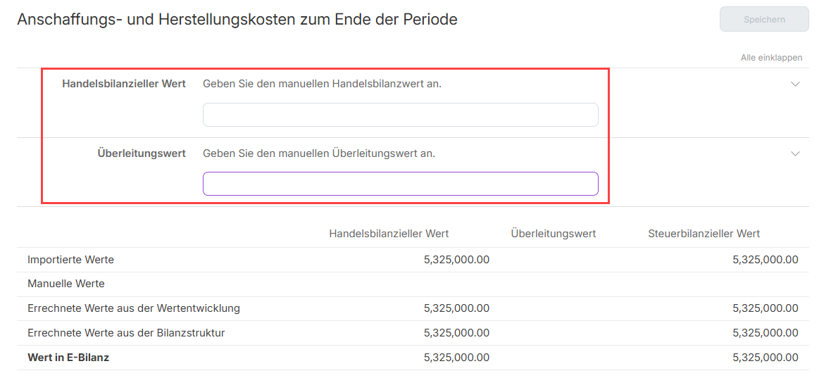Werte des Anlagenspiegels bearbeiten