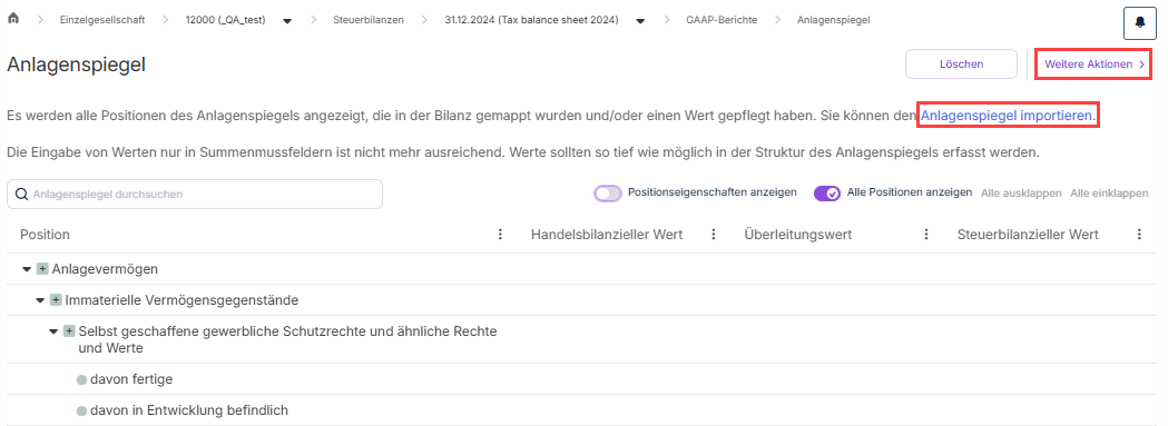 Zeigt den oberen Abschnitt des Bereichs Anlagenspiegel. Hervorgehoben sind das Menü 'Weitere Aktionen' und der Befehl zum Importieren eines Anlagenspiegels.