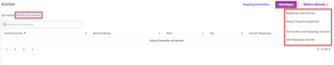 Zeigt den Arbeitsbereich 'Konten'. Rot hervorgehoben ist die Funktion Konten importieren, Hinzufügen und das Menü 'Weitere Aktionen'.