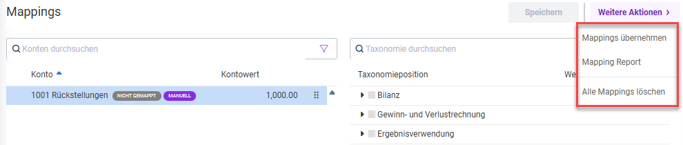Zeigt den Arbeitsbereich Mappings. Rot hervorgehoben sind die Optionen des Menüs Weitere Aktionen