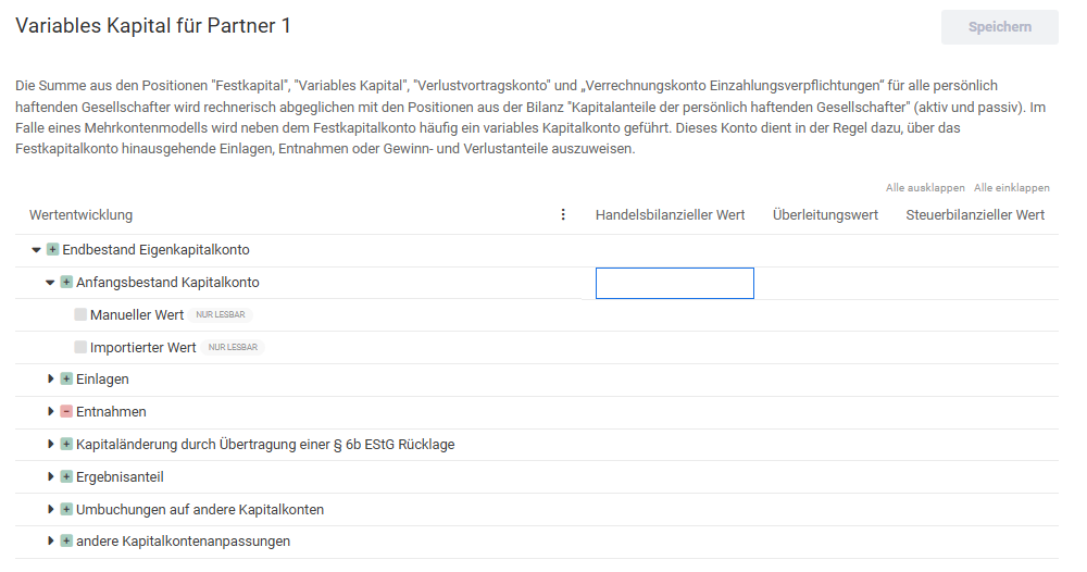 Bearbeitung der Werte eines Eigenkapitalkontos