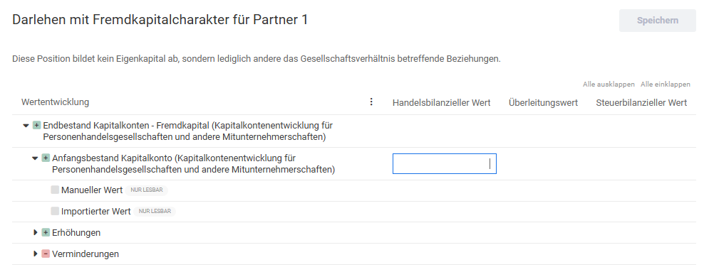 Bearbeitung der Werte eines Fremdkapitalkontos