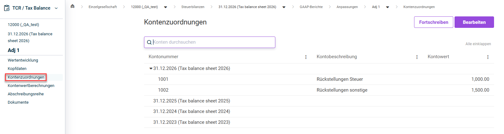 Zeigt den Bereich 'Kontenzuordnungen' für eine Anpassung.