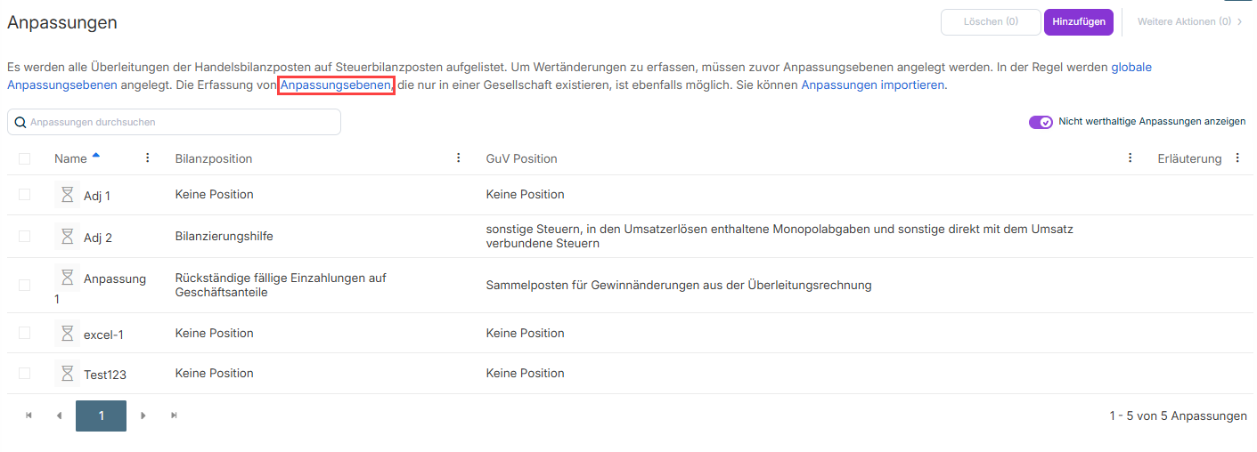 Link zum Erstellen einer Anpassungsebene