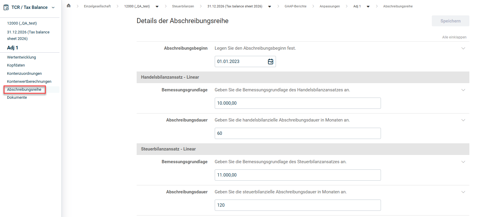 Zeigt den Bereich 'Abschreibungsreihe' einer Anpassung an