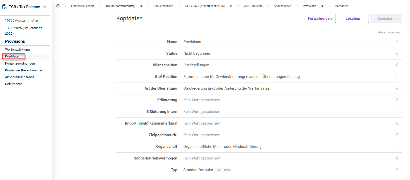 Zeigt den Bereich 'Kopfdaten' für eine Anpassung.