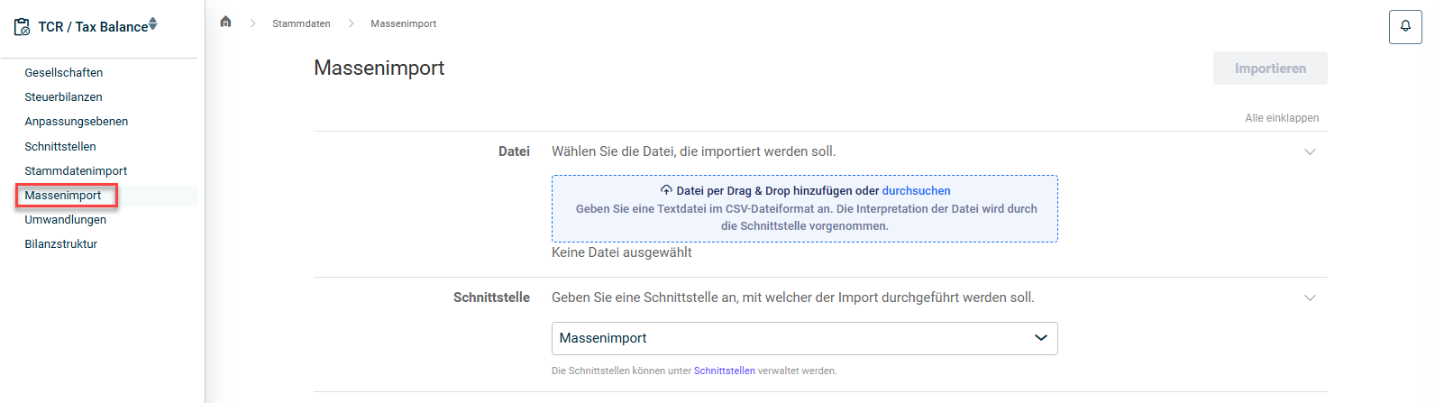 Arbeitsbereich 'Massenimport'