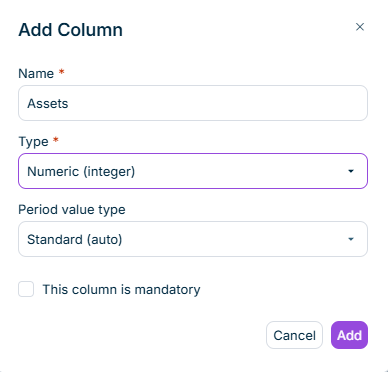 The 'Add new column' dialog is displayed.