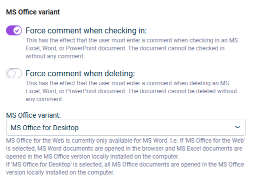 'MS Office' dialog with the settings for MS Office documents