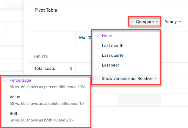 Shows the 'Compare' drop-down menu in a table visual that can be used to compare values with other time periods. From top to bottom: None, Last month, Last quarter, Last year, show variance as: Percentage, value, both)