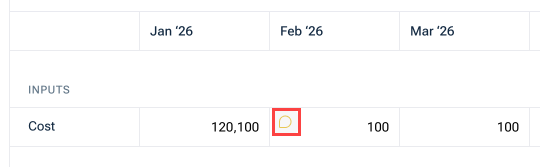 Shows some cells of a a table. Highlighted in red is the yellow comment icon that appears when you hover over a cell in a table.