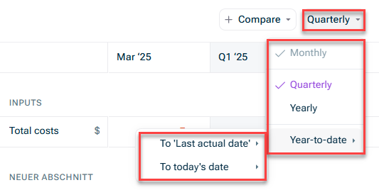 Shows the Year-to-date roll up menu option in a table visual. The first option is "to last actual date" the second option 'to today's date