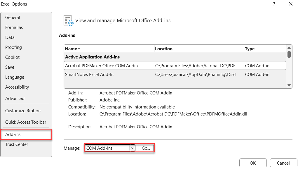Shows the Excel Options dialog. Highlighted in red is the Add-in section on the left sidebar and the 'Manage' drop-down list.