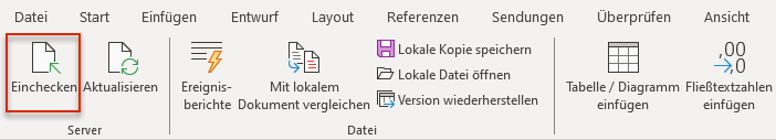 Shows the Word ribbon for Disclosure Management in Office for Desktop in the German UI with the areas 'Server' and 'Datei'. Highlighted in red is the 'Einchecken' button.