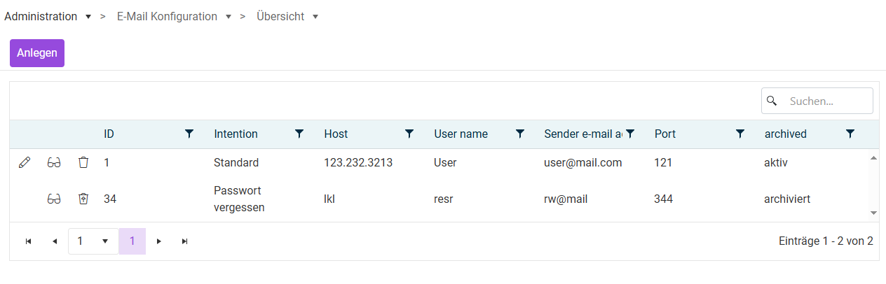 Arbeitsbereich 'E-Mail Konfiguration'