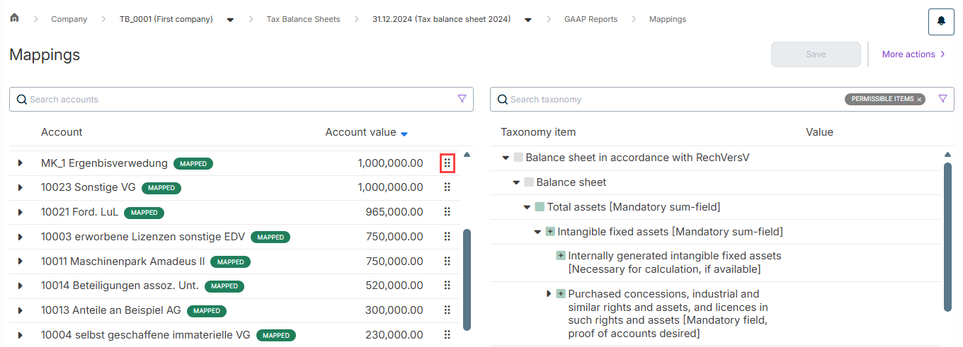 Shows the 'Mappings' workspace in Tax Balance with the account list on the left, with the columns 'Account' and 'Account value' and accounts marked 'MAPPED' such as '10023 Sonstige VG', and the taxonomy on the right, with the columns 'Taxonomy item' and 'Value' and items such as 'Balance sheet in accordance with RechVersV' and 'Total assets [Mandatory sum-field]'. Highlighted in red is the drag handle of the account 'MK_1 Ergenbisverwedung'.