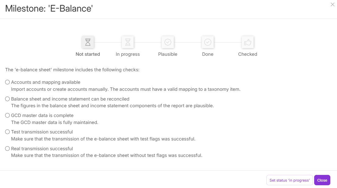Shows the 'Milestone: 'E-Balance'' dialog in Tax Balance with the statuses 'Not started', 'In progress', 'Plausible', 'Done' and 'Checked', with 'Not started' active, and the checks 'Accounts and mapping available', 'Balance sheet and income statement can be reconciled', 'GCD master data is complete', 'Test transmission successful' and 'Real transmission successful', as well as the 'Set status 'in progress'' and 'Close' buttons.