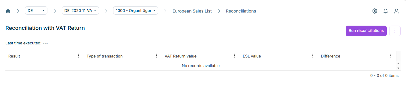 Shows the 'Reconciliations' workspace of the European Sales List in VAT for the period 'DE_2020_11_VA' and the company '1000 - Organträger' with the heading 'Reconciliation with VAT Return', the 'Run reconciliations' button, the three-dot icon, and the information 'Last time executed: ---'. Below it is the empty table with the columns 'Result', 'Type of transaction', 'VAT Return value', 'ESL value', and 'Difference'.