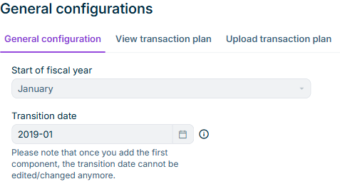 Shows the 'General configuration' tab of the 'General configurations' workspace in Lucanet Lease Accounting with the 'Start of fiscal year' drop-down list set to 'January', the 'Transition date' field set to '2019-01', and the message 'Please note that once you add the first component, the transition date cannot be edited/changed anymore.' Next to the 'General configuration' tab, the tabs 'View transaction plan' and 'Upload transaction plan' are displayed.
