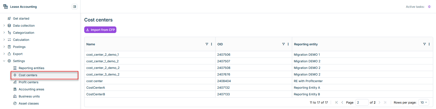 Shows the 'Cost centers' workspace in Lucanet Lease Accounting with the 'Import from CFP' button and a table with the columns 'Name', 'OID', and 'Reporting entity', listing cost centers such as 'cost_center_2_demo_1' for the reporting entity 'Migration DEMO 1' and 'CostCenterA' for the reporting entity 'Reporting Entity A'. Highlighted in red is the 'Cost centers' item in the 'Settings' navigation.