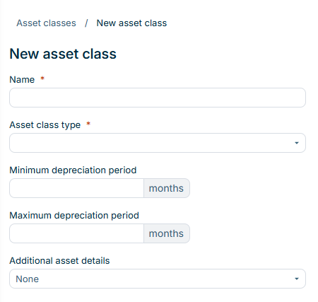 Shows the 'New asset class' form in Lucanet Lease Accounting with the mandatory 'Name' and 'Asset class type' fields, the 'Minimum depreciation period' and 'Maximum depreciation period' fields in 'months', and the 'Additional asset details' drop-down list set to 'None'.