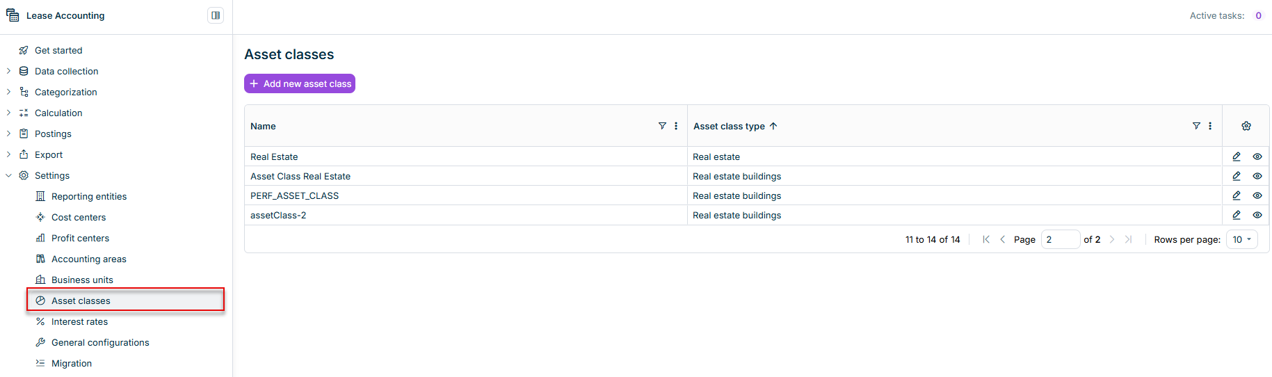 Shows the 'Asset classes' workspace in Lucanet Lease Accounting with the 'Add new asset class' button and a table with the columns 'Name' and 'Asset class type', listing asset classes such as 'Real Estate' of the type 'Real estate' and 'Asset Class Real Estate' of the type 'Real estate buildings', with an edit icon and a view icon in each row. Highlighted in red is the 'Asset classes' item in the 'Settings' navigation.