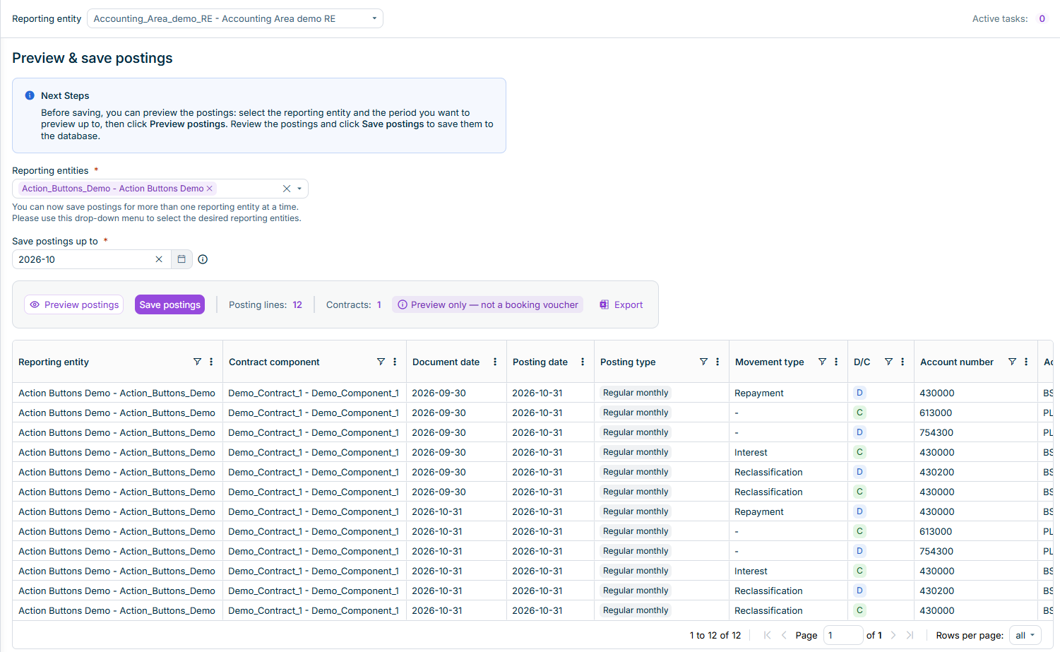 Shows the 'Preview & save postings' workspace in Lucanet Lease Accounting with the 'Next Steps' info box, the 'Reporting entities' drop-down list with 'Action_Buttons_Demo - Action Buttons Demo' selected, the 'Save postings up to' field set to '2026-10', the 'Preview postings' and 'Save postings' buttons, the counters 'Posting lines: 12' and 'Contracts: 1', the label 'Preview only — not a booking voucher', the 'Export' button, and the preview table with the columns 'Reporting entity', 'Contract component', 'Document date', 'Posting date', 'Posting type', 'Movement type', 'D/C', and 'Account number'.