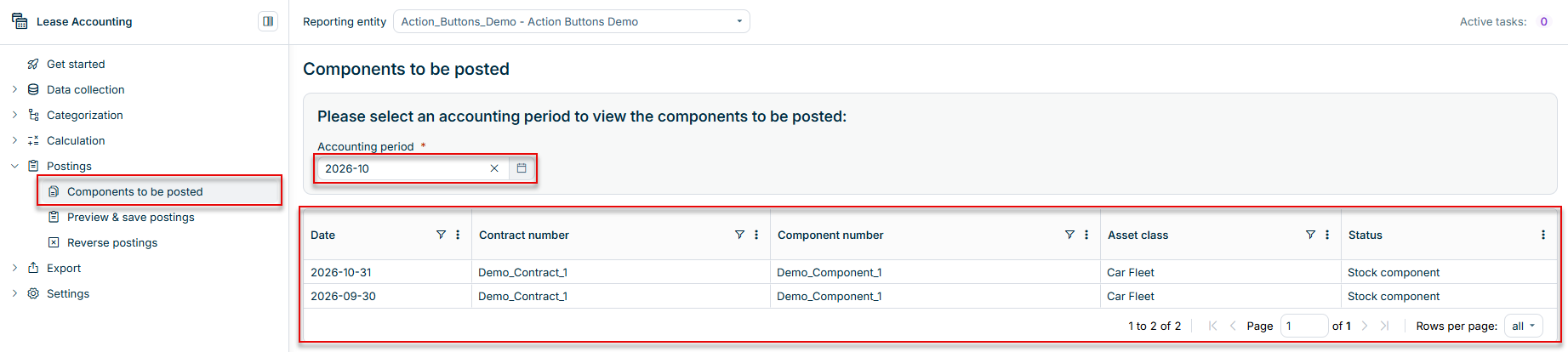 Shows the 'Components to be posted' workspace in Lucanet Lease Accounting with the mandatory 'Accounting period' field set to '2026-10' and a table with the columns 'Date', 'Contract number', 'Component number', 'Asset class', and 'Status', listing the component 'Demo_Component_1' of the contract 'Demo_Contract_1' with the asset class 'Car Fleet' and the status 'Stock component' for '2026-09-30' and '2026-10-31'. Highlighted in red are the 'Components to be posted' item in the 'Postings' navigation, the 'Accounting period' field, and the table.