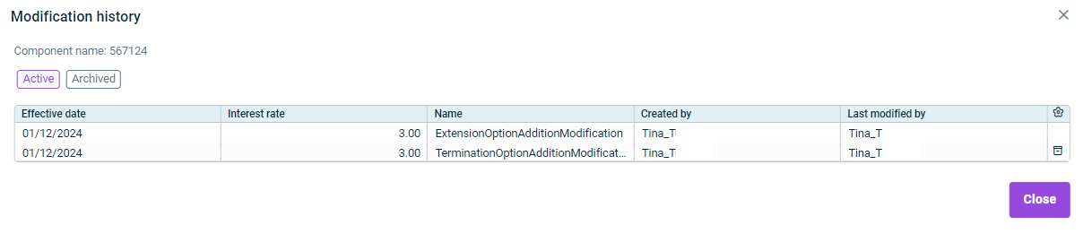 Shows the 'Modification history' dialog of the component '567124' in Lucanet Lease Accounting with the 'Active' and 'Archived' buttons, a table with the columns 'Effective date', 'Interest rate', 'Name', 'Created by', and 'Last modified by' that lists the modifications 'ExtensionOptionAdditionModification' and 'TerminationOptionAdditionModificat...', and the 'Close' button.