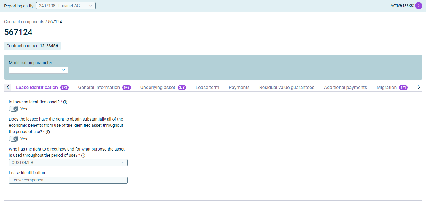 Shows the detail view of the contract component '567124' in Lucanet Lease Accounting with the label 'Contract number: 12-23456', the 'Modification parameter' drop-down list, and the 'Lease identification' tab, on which the questions are answered with 'Yes' and 'CUSTOMER' and the 'Lease identification' field displays 'Lease component'.