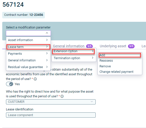 Shows the opened 'Select a modification parameter' drop-down list of the contract component '567124' in Lucanet Lease Accounting with the options 'Asset information', 'Lease term', 'Payments', 'General information', and 'Residual value guarantee', the submenu with 'Extension Option' and 'Termination option', and the submenu with 'Add', 'Reassess', 'Remove', and 'Change related payment'. Highlighted in red are 'Lease term', 'Extension Option', and 'Add'.