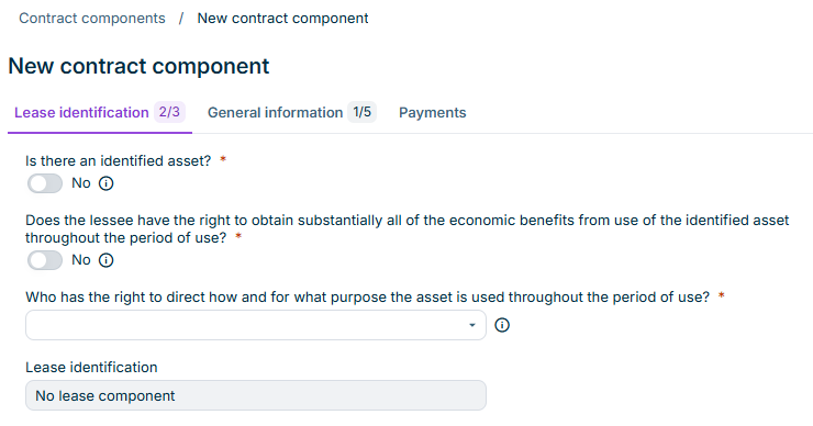 Displays the 'New contract component' dialog in Lucanet Lease Accounting with the tabs 'Lease identification', 'General information', and 'Payments', and the questions of the 'Lease identification' tab.