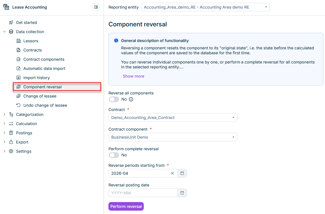 Shows the 'Component reversal' workspace in Lucanet Lease Accounting with the 'General description of functionality' info box, the 'Reverse all components' toggle set to 'No', the 'Contract' drop-down list with 'Demo_Accounting_Area_Contract' and the 'Contract component' drop-down list with 'BusinessUnit Demo', the 'Perform complete reversal' toggle set to 'No', the 'Reverse periods starting from' field set to '2026-04', the 'Reversal posting date' field with the placeholder 'YYYY-MM', and the 'Perform reversal' button. Highlighted in red is the 'Component reversal' item in the 'Data collection' navigation.