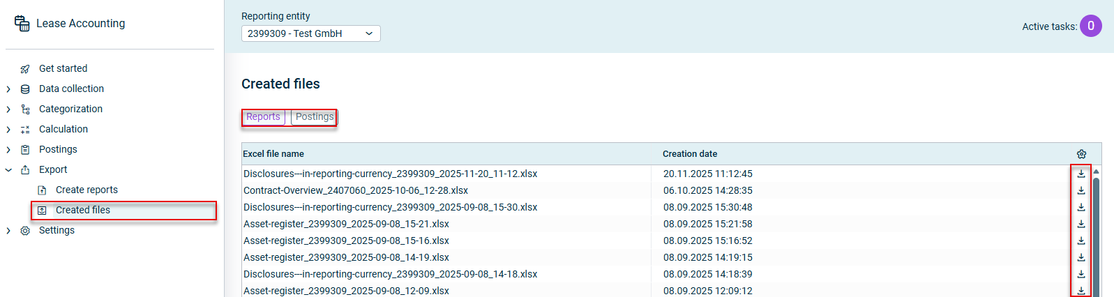 Shows the 'Created files' workspace in Lucanet Lease Accounting with the 'Reports' and 'Postings' tabs and a table with the 'Excel file name' and 'Creation date' columns, listing files such as 'Disclosures---in-reporting-currency_2399309_2025-11-20_11-12.xlsx', 'Contract-Overview_2407060_2025-10-06_12-28.xlsx', and 'Asset-register_2399309_2025-09-08_15-21.xlsx' with a download icon in each row. Highlighted in red are the 'Created files' navigation item, the 'Reports' and 'Postings' tabs, and the download icons.